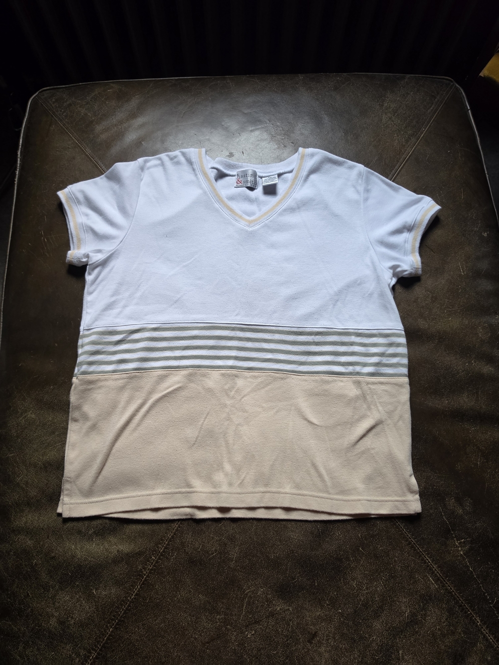 Hasting & Smith Petites Striped Accent V-Neck Top | Size Petite Medium (PM)